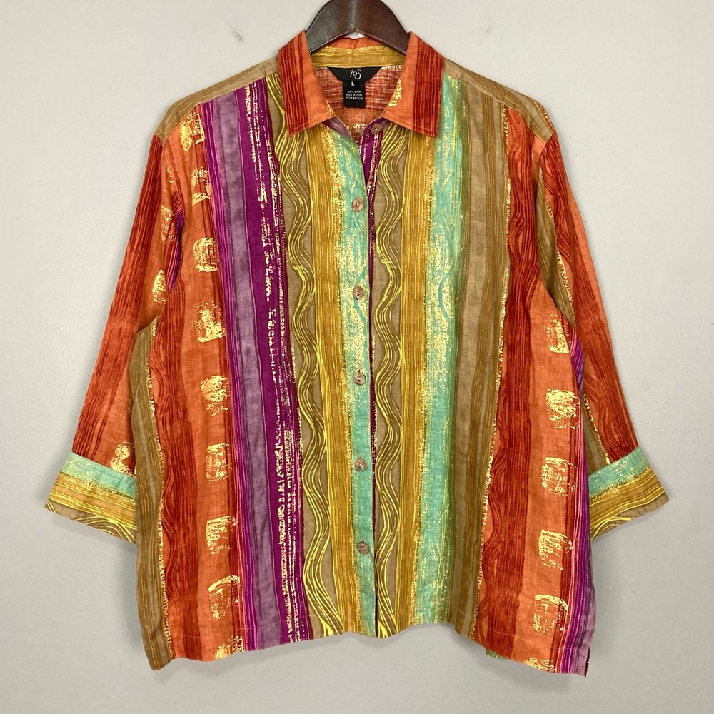 iOS Hand Stamped Linen Shirt Women’s Size L Button Front Metallic Colorful Artsy